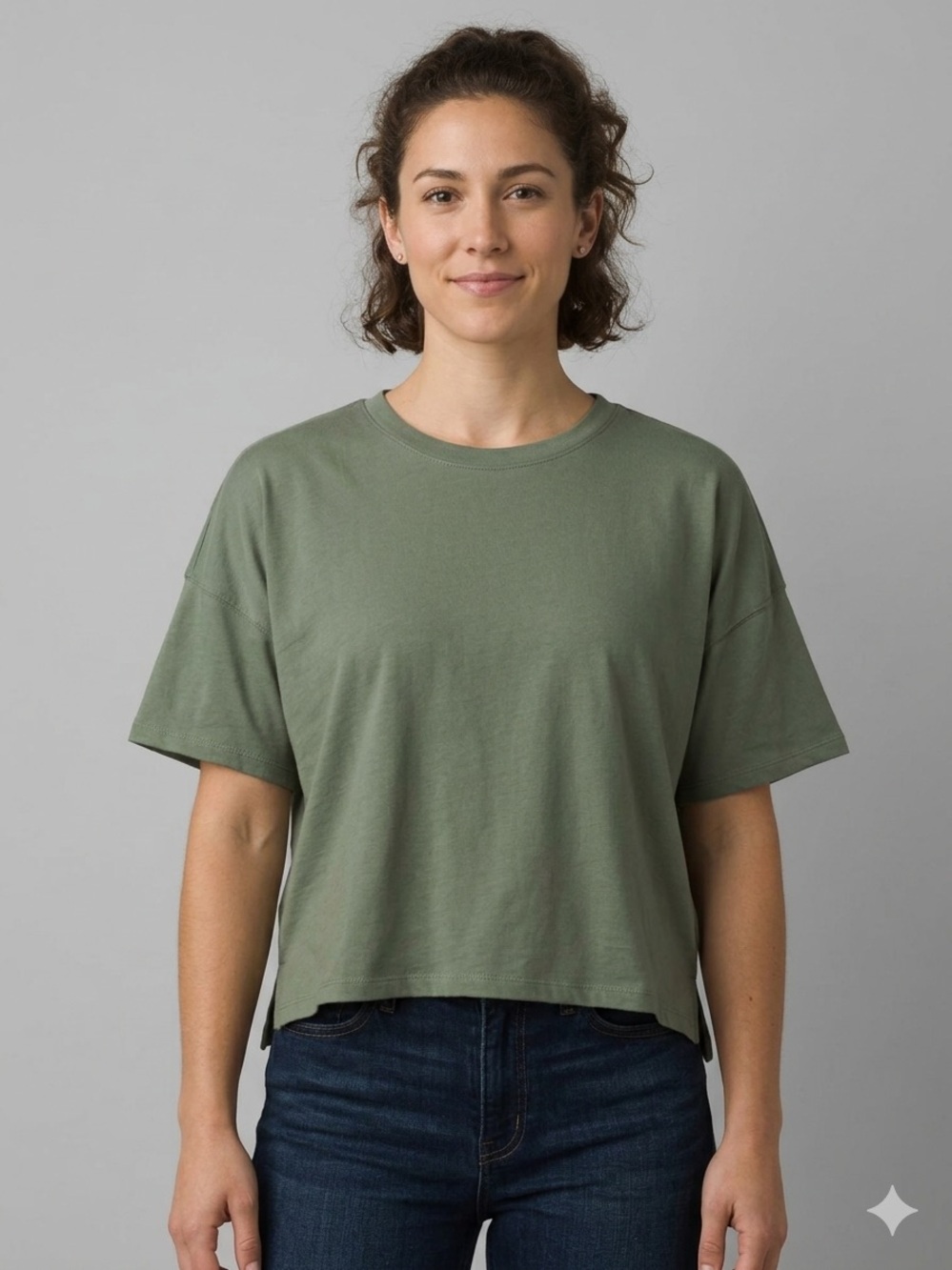 90 degree by reflex, Relaxed Crop Crew Neck Top, Olive Green, size medium
